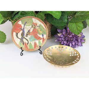 Set of 2 Vintage Brass Trinket Bowl Dishes Small Brass Bowls Color Enamel Brass